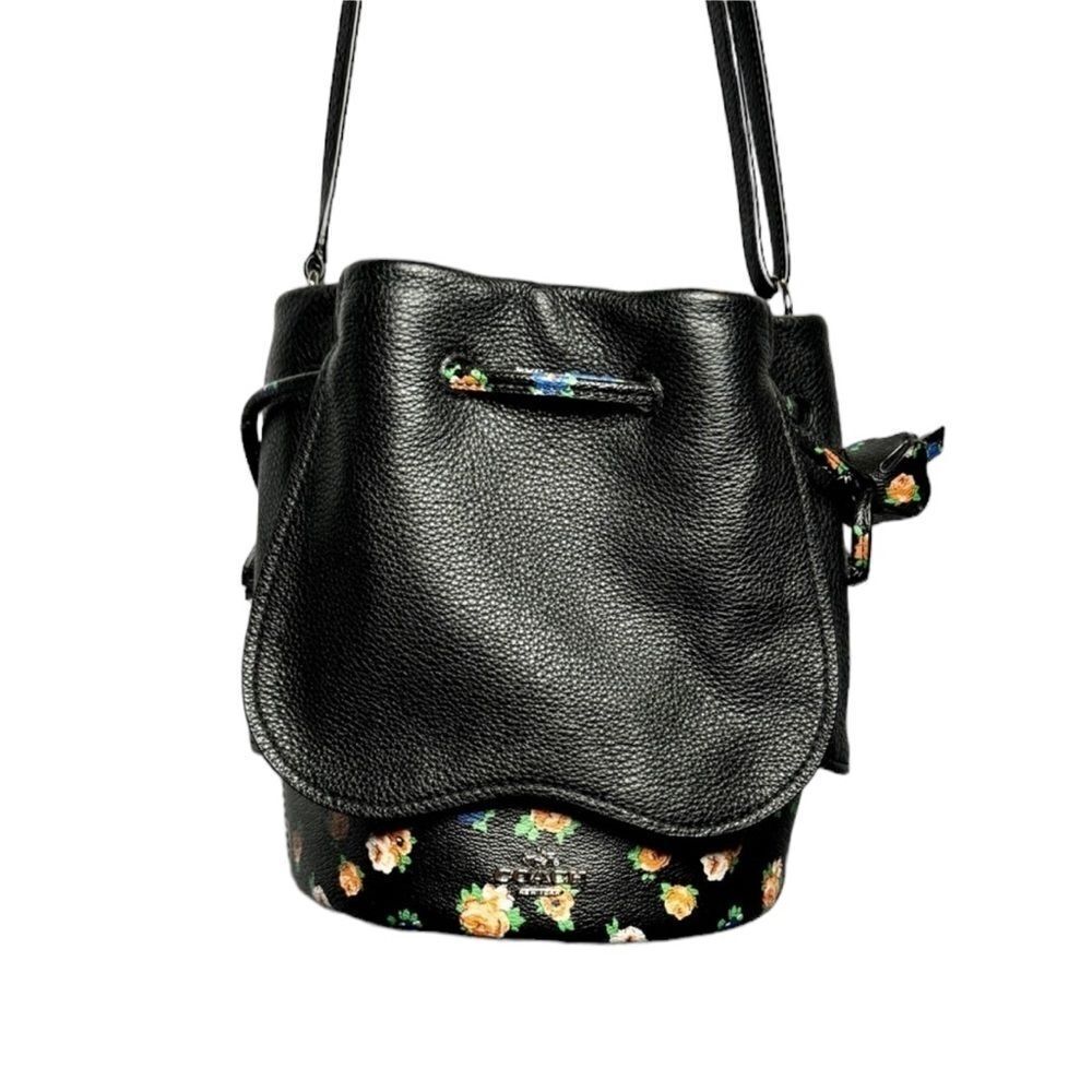 Coach Black Floral Petal Drawstring Bucket Crossbody Bag Limited Edition Dakota